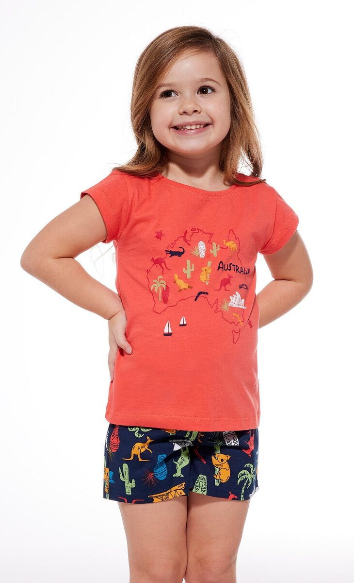 Korálové dívčí pyžamo s krátkým tričkem a vzorovanými šortkami, korál 98-104 i384_57487774