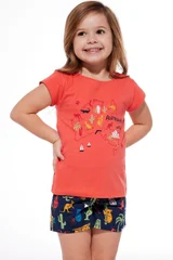 Korálové dívčí pyžamo s krátkým tričkem a vzorovanými šortkami