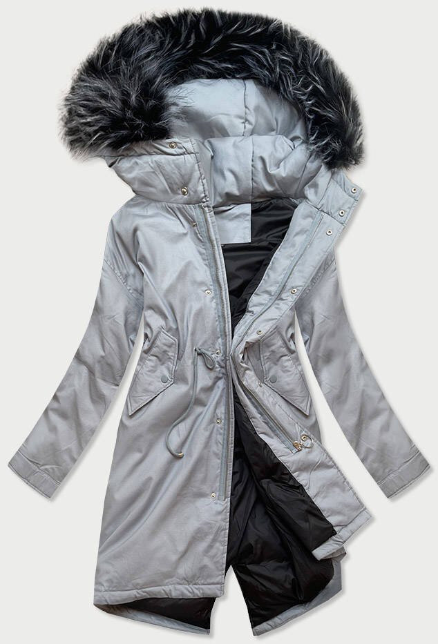 Teplá šedá parka s péřovou výplní a kožešinovou kapucí pro ženy, odcienie szarości XL (42) i392_8160-53