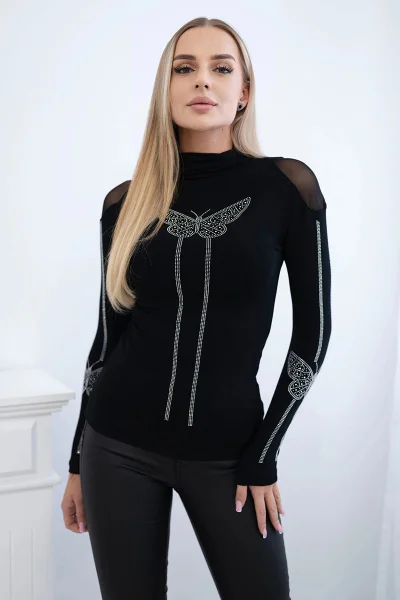 Černá pletená halenka s motýlem zirkonie K-Fashion