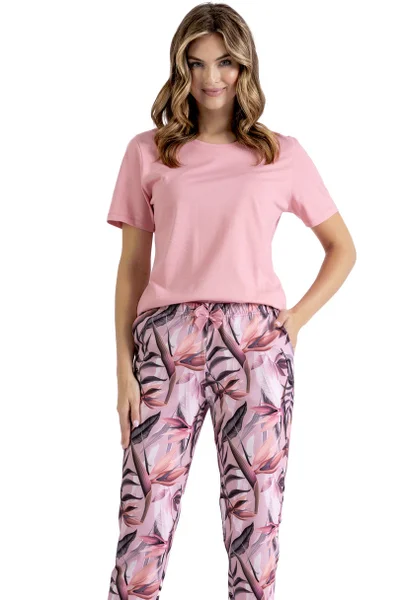 Růžové pyžamo pro ženy z ušlechtilé bavlny s kalhotami a mašlí - LEVEZA