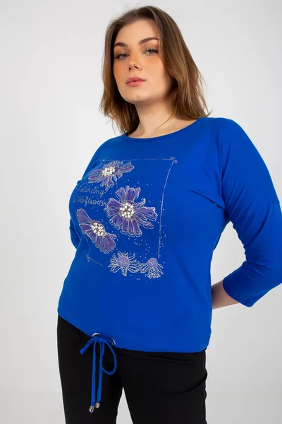 Plus Size Modrá Halenka s Potiskem a Kimonovými Rukávy Fashionhunters