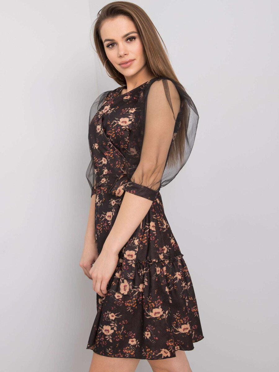 Černé květinové šaty s ozdobnými rukávy FPrice, 36 i523_2016102810452