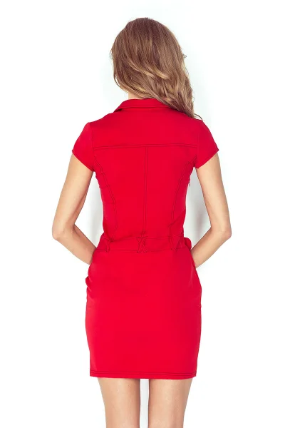 Dámské šaty elegantní značkové s páskem a krátkým rukávem červené - Červená - Numoco