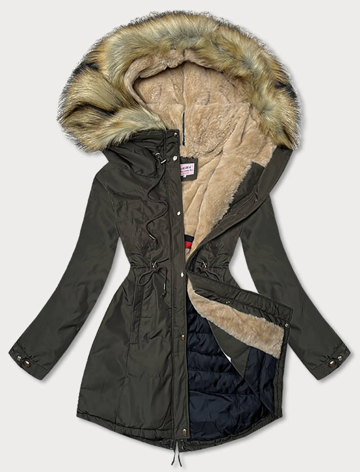 Zimní parka s kožešinovou kapucí a péřovou výplní v khaki barvě, odcienie zieleni XXL (44) i392_10164-48