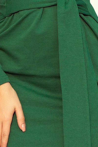 Dámské šaty s dlouhým rukávem a páskem středně dlouhé zelené - Zelená - Numoco