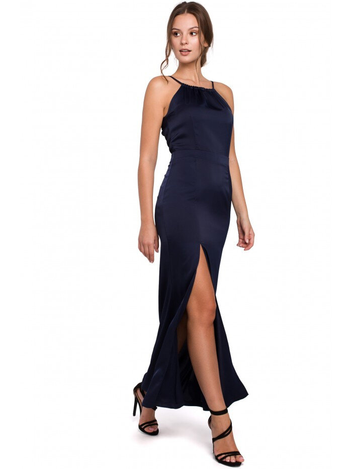 Dámské T2I5 Maxi šaty s vázaným výstřihem - tmavě modré Makover, EU S i529_4038639455930942595