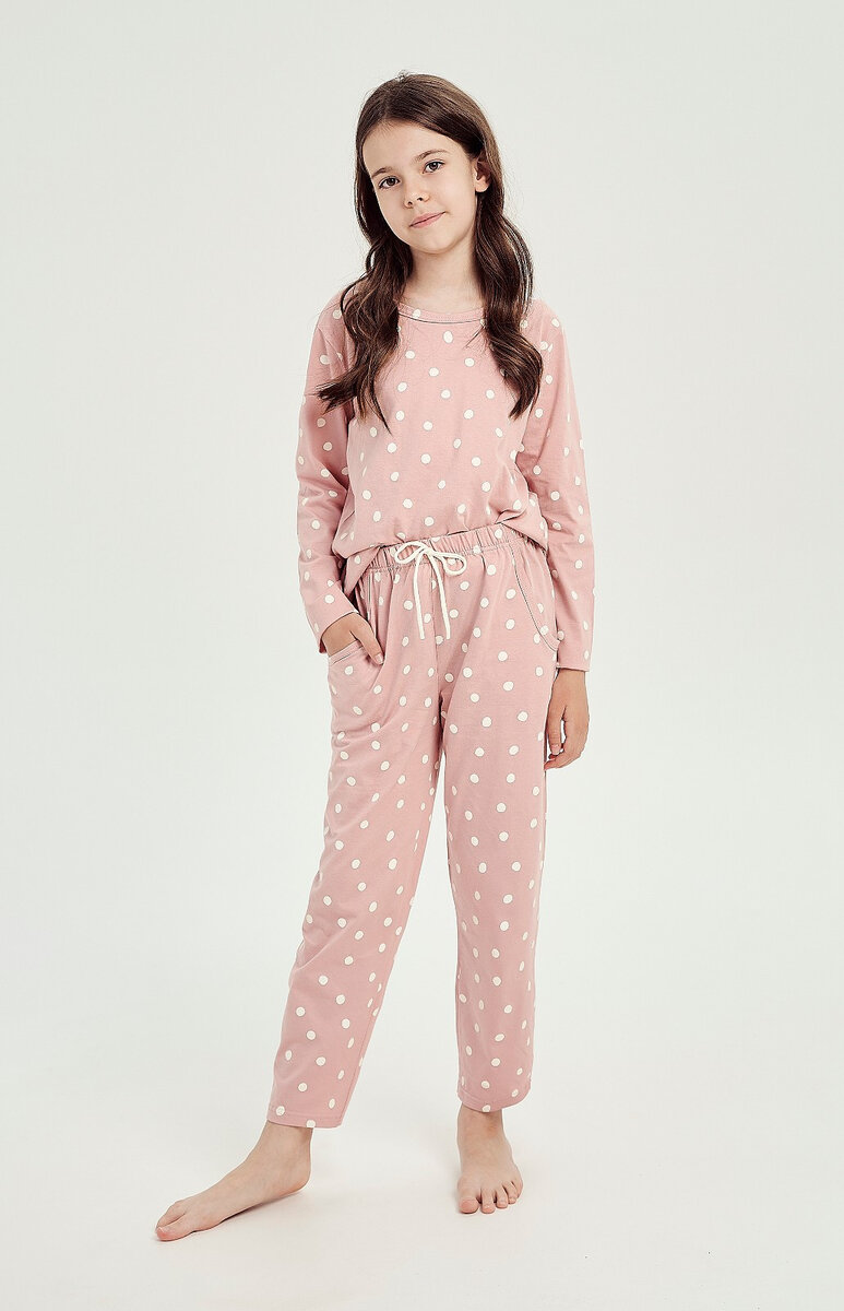 Růžové dívčí pyžamo s dlouhým rukávem a kalhotami, pudrově růžová 146 i384_53318532