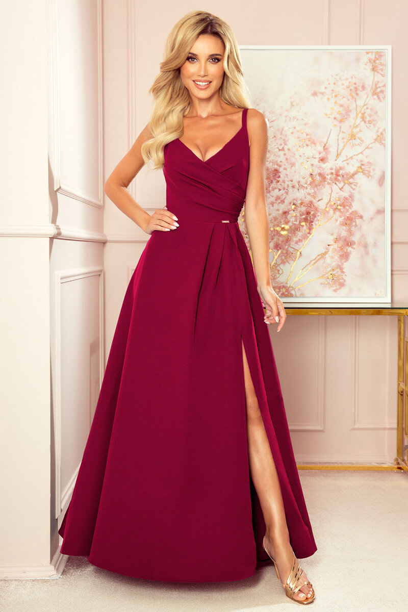 CHIARA - Elegantní dámské maxi šaty ve vínové bordó barvě na ramínkách 6Y0L5 Numoco, L i367_1874_L