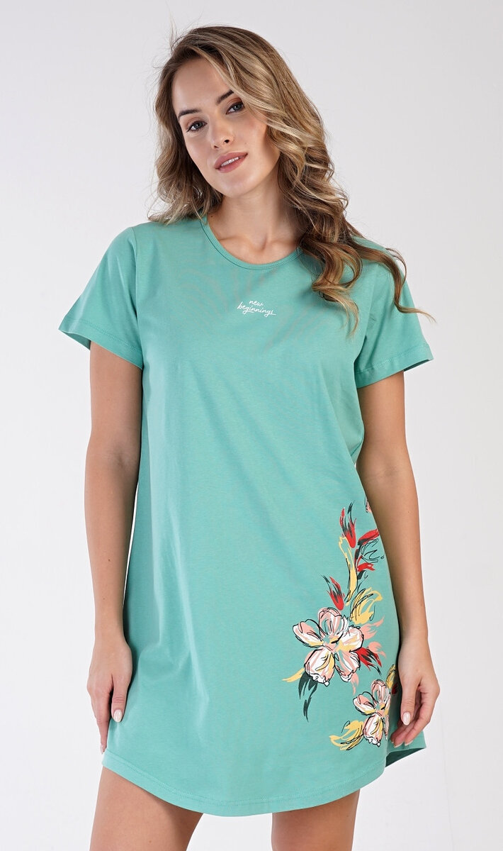 Krátkorukávová noční košile Alenka s květinovým potiskem, zelená XL i232_9566_55455957:zelená XL