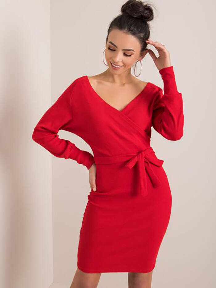 Žebrované červené šaty s obálkovým výstřihem Rue Paris, odcienie czerwieni XL (42) i392_23379-53