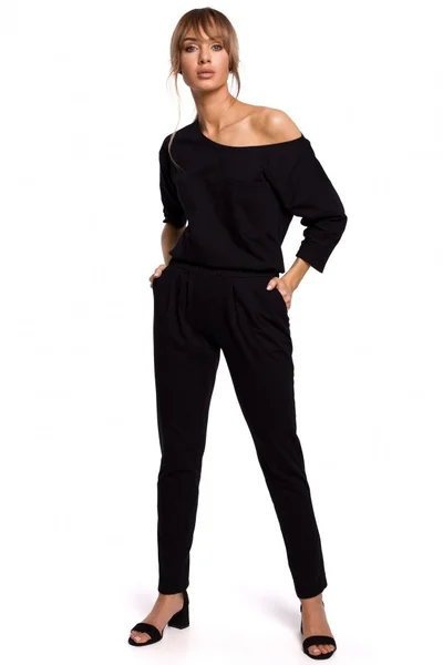 Černá bavlněná dámská kombinéza s dolmanovými rukávy a elastickým pasem