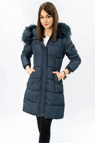 Teplá modrá bunda na zimu s kapucí a kožešinou pro ženy Libland