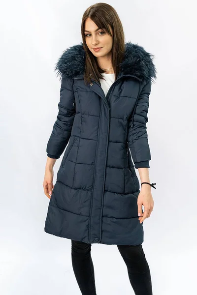 Teplá modrá bunda na zimu s kapucí a kožešinou pro ženy Libland