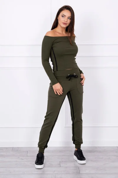 Khaki set s dvojitými pruhy K-Fashion: mikina a kalhoty