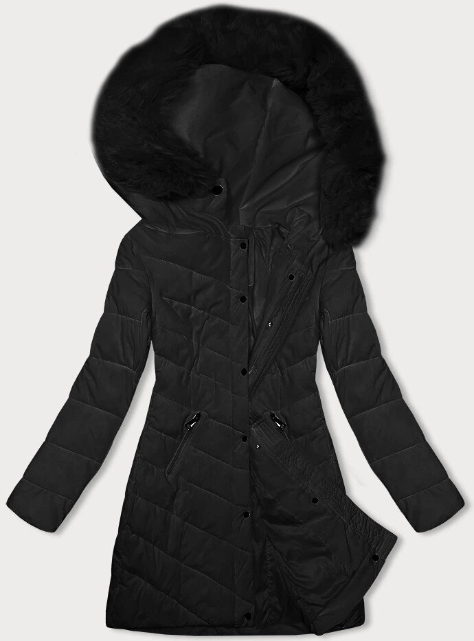 Černá bunda na zimu pro ženy s kapucí a kožešinou LHD, odcienie czerni M (38) i392_22929-47