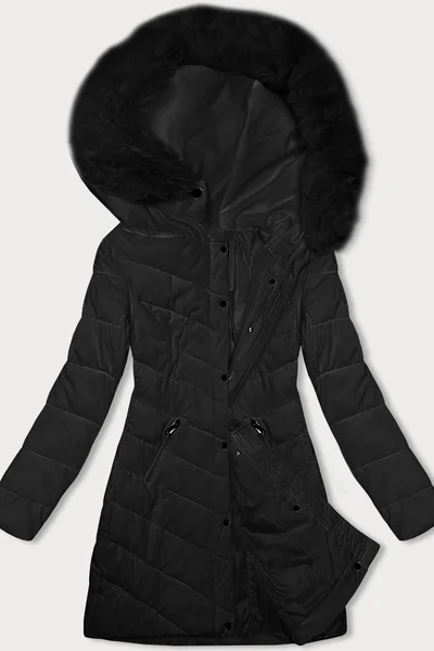 Černá bunda na zimu pro ženy s kapucí a kožešinou LHD