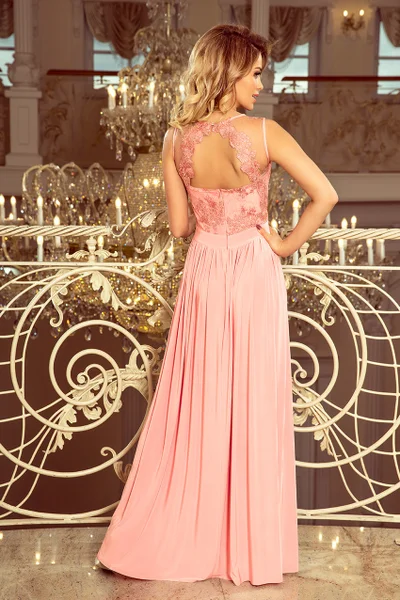 LEA - Dlouhé dámské šaty v pastelově růžové barvě bez rukávů a s vyšívaným výstřihem 4 mod