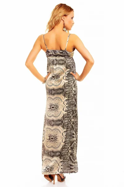Letní dámské šaty s elegantním potiskem dlouhé černo-ecru - Barevná S - SWEEWE
