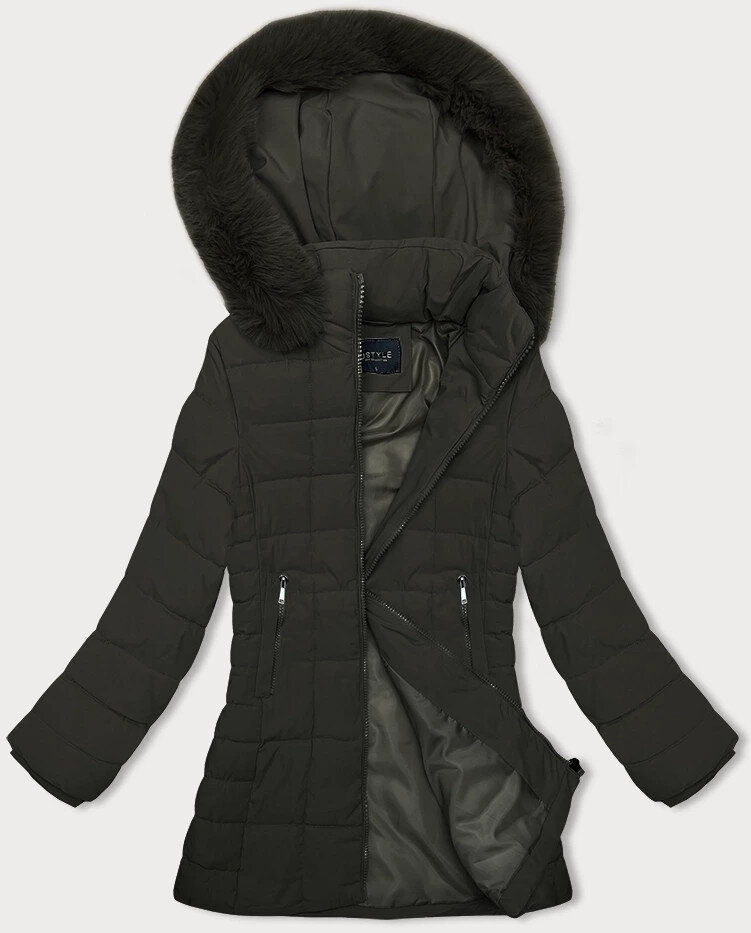 Zimní dámská prošívaná bunda s odnímatelnou kožešinovou kapucí - Army Style, odcienie zieleni S (36) i392_22957-46