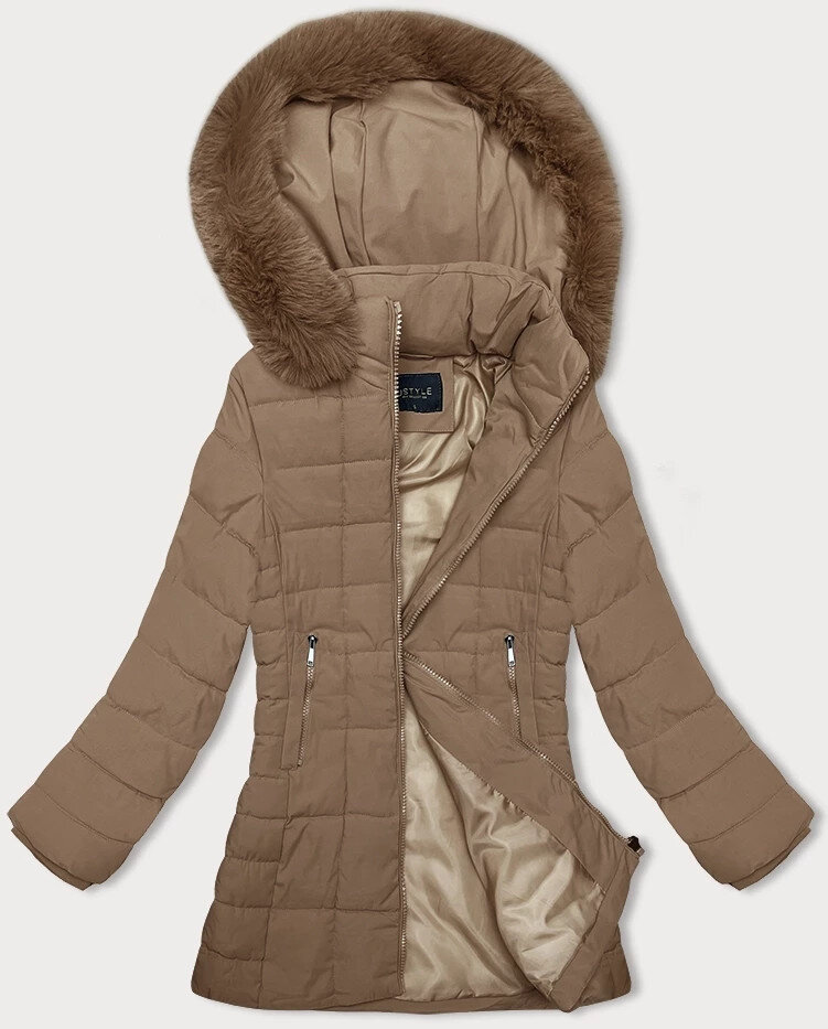 Zimní prošívaná bunda s kapucí a kožešinou pro ženy, odcienie beżu M (38) i392_22958-47