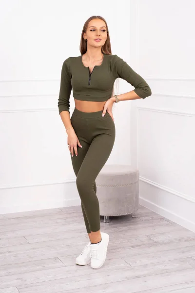 K-Fashion Žebrovaný Khaki Set: Halenka s Legínami