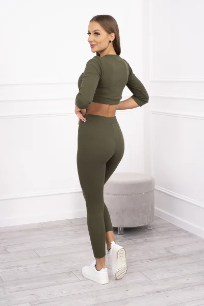 K-Fashion Žebrovaný Khaki Set: Halenka s Legínami