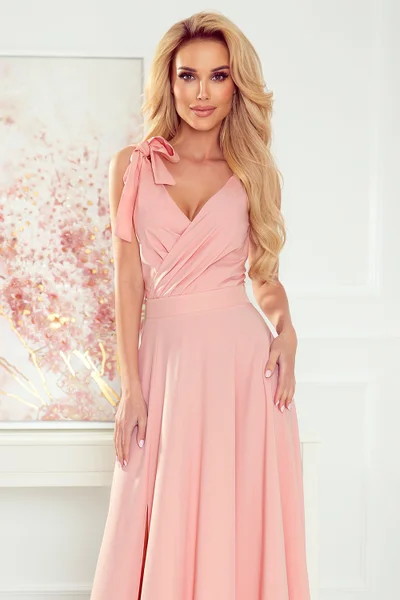 Růžové dlouhé šaty s mašlemi - Numoco ELENA