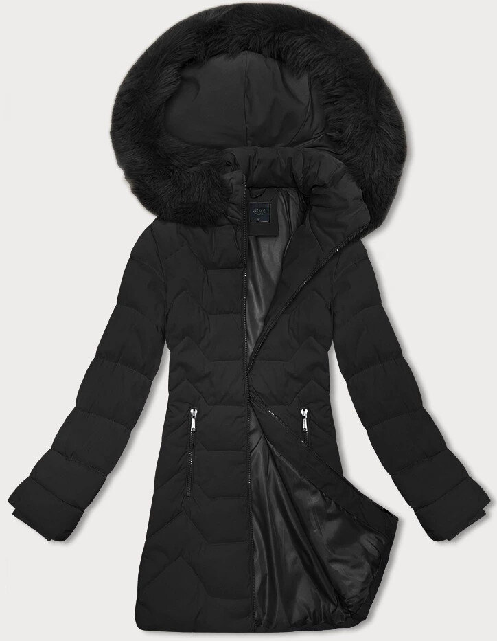 Černá péřová bunda s odnímatelnou kožešinovou kapucí J.Stylish, odcienie czerni S (36) i392_22966-46