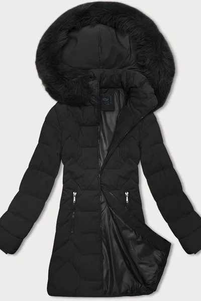 Černá péřová bunda s odnímatelnou kožešinovou kapucí J.Stylish