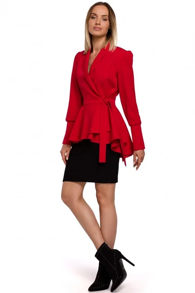Červené dámské sako s výrazným pasem a frakem od značky Moe