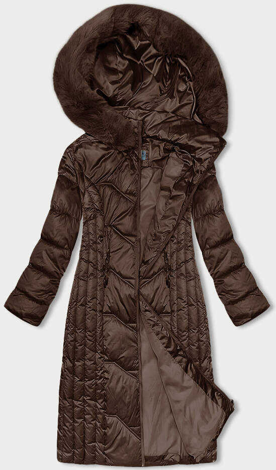 Kapsa na zimu - Hnědá vypasovaná dlouhá bunda s odnímatelnou kožešinou, odcienie brązu M (38) i392_22919-47