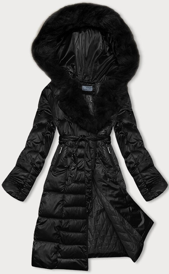 Zimní bunda SWEST s páskem a kožešinovou kapucí, odcienie czerni L (40) i392_22924-49