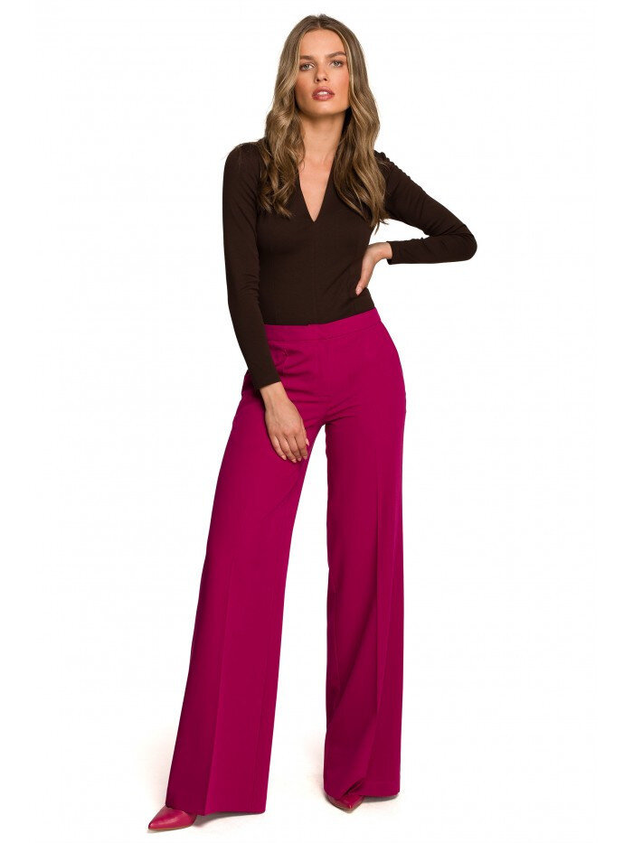 Švestkové dámské kalhoty STYLOVE - Řasené nohavice s nízkým pasem, M i10_P68913_2:91_