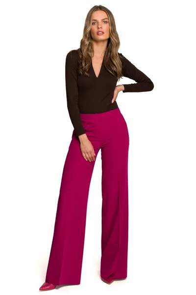 Švestkové dámské kalhoty STYLOVE - Řasené nohavice s nízkým pasem