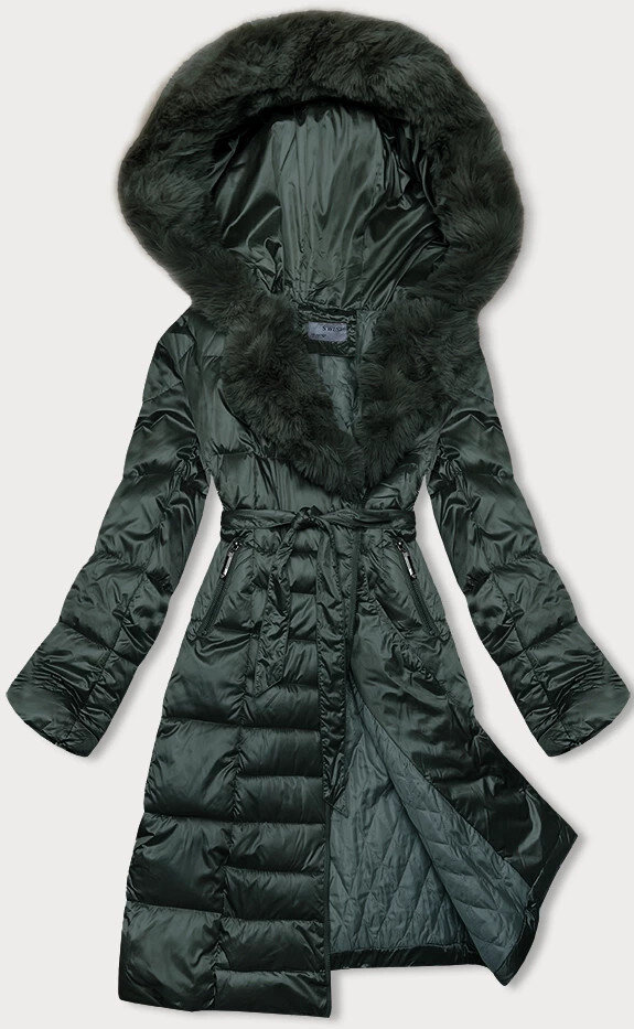 Zimní zelená péřová bunda s páskem a kožešinovou kapucí, odcienie zieleni S (36) i392_22927-46