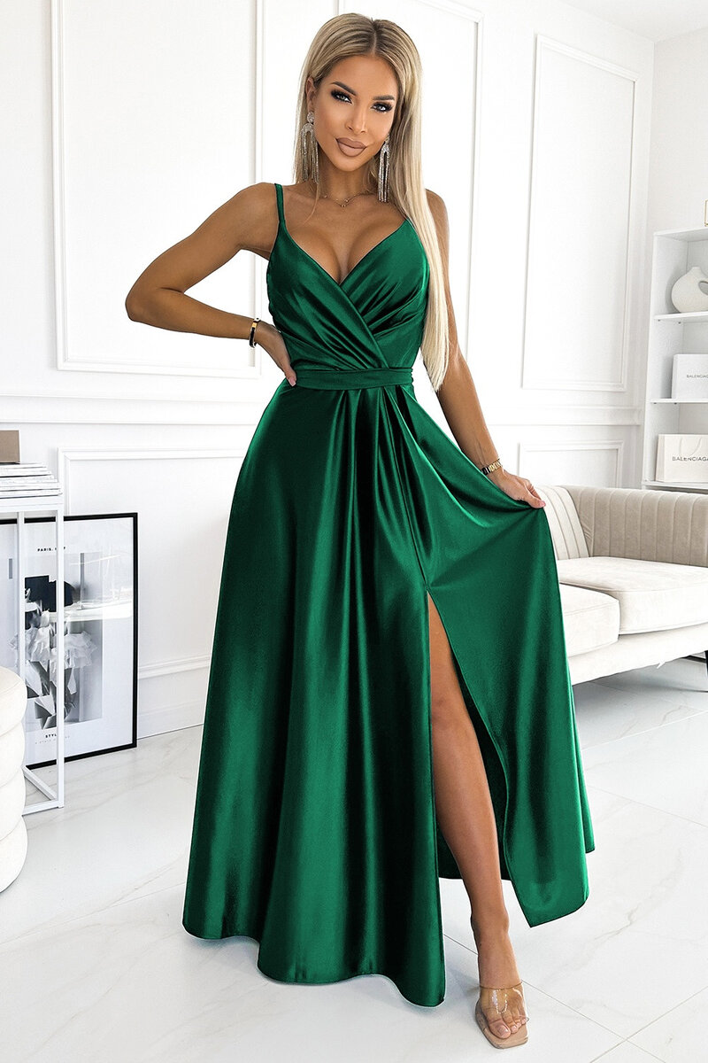 Zelené saténové šaty s rozparkem - Numoco, l i240_188107_2:L