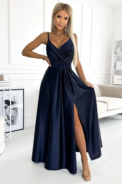 Modré saténové šaty s rozparkem - Numoco elegance