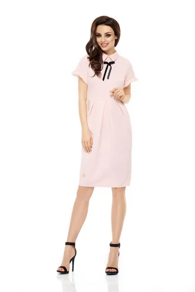 Dámské společenské šaty s límečkem, stužkou a krátkým rukávem dlouhé - Růžová M - Lemoni L
