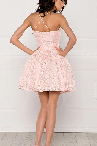 Společenské dámské šaty na ramínka krajkové s kolovou sukní růžové - Růžová L - Sherri