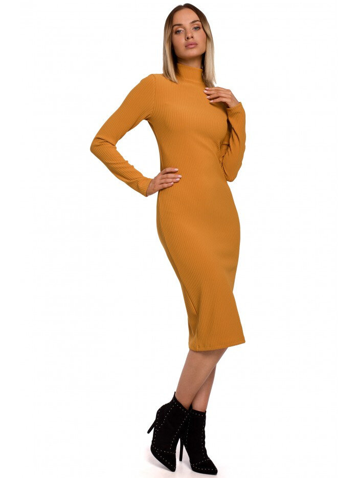 Dámské 4X1J35 Pletené šaty s rolákem - tmavě žluté Moe, EU M i529_7575126086621462606
