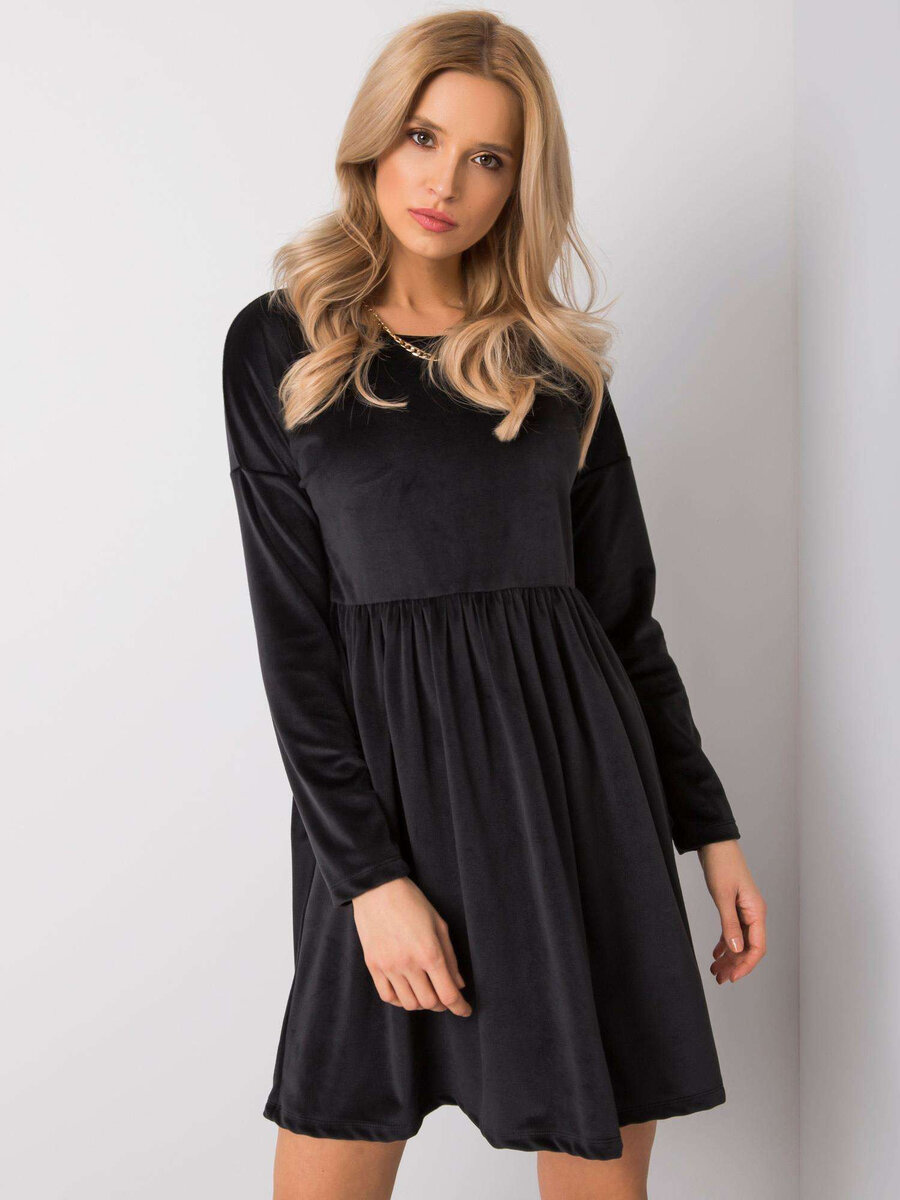 RUE PARIS Černé velurové šaty s volánkem FPrice, L/XL i523_2016102798699
