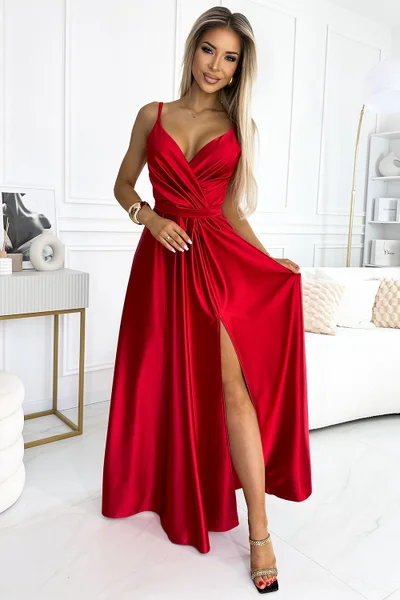 Červené saténové šaty Juliet s rozparkem