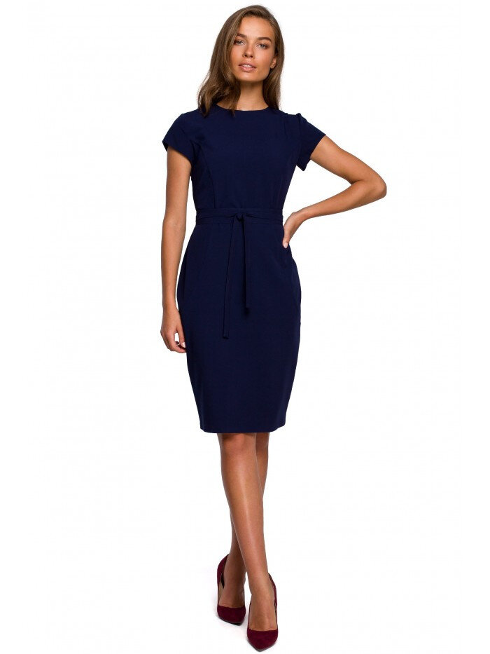 Modré tužkové šaty s páskem na zavázání - elegantní kousek od Style, EU M i529_5193233111531962368