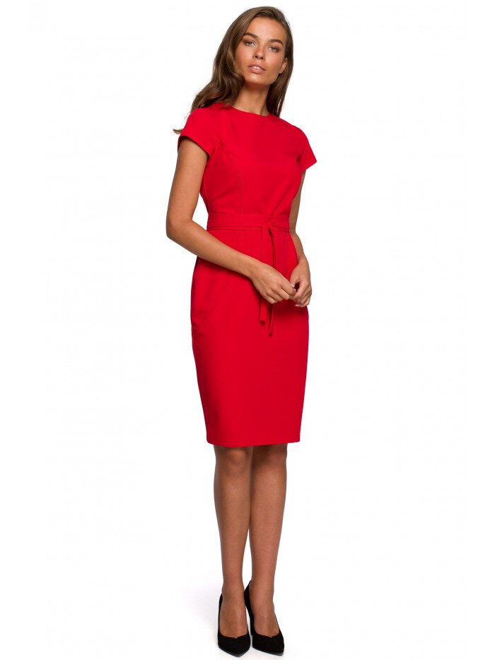Dámské 32N06E Tužkové šaty s páskem na zavázání - červené Style, EU S i529_8035547497155520437