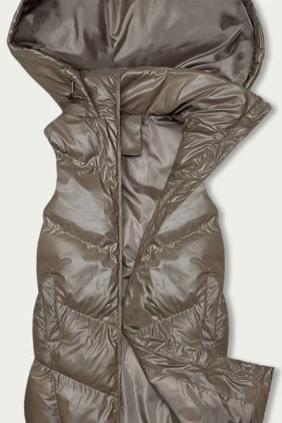 Kapucí dlouhá béžová péřová vesta pro ženy