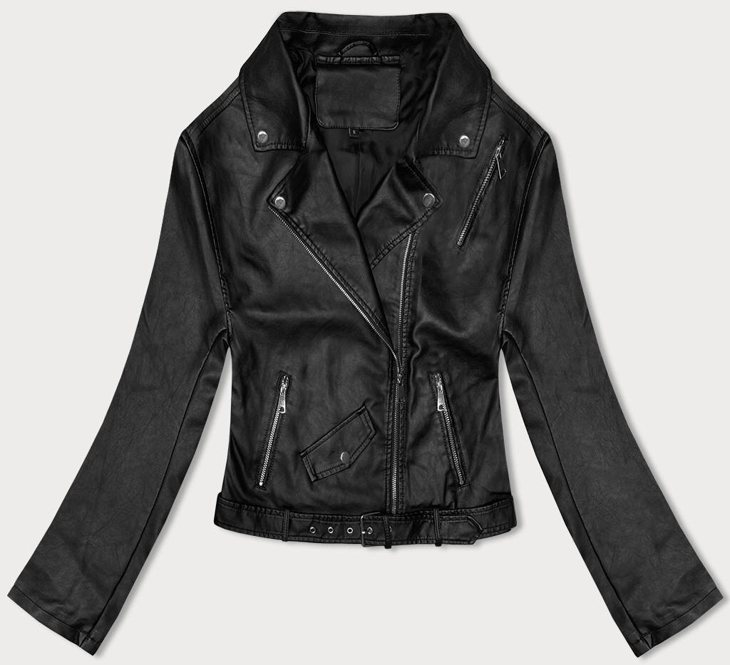 Černá ekokůžená bunda s opaskem - Elegantní Ramoneska J.STYLE, odcienie czerni M (38) i392_22343-47