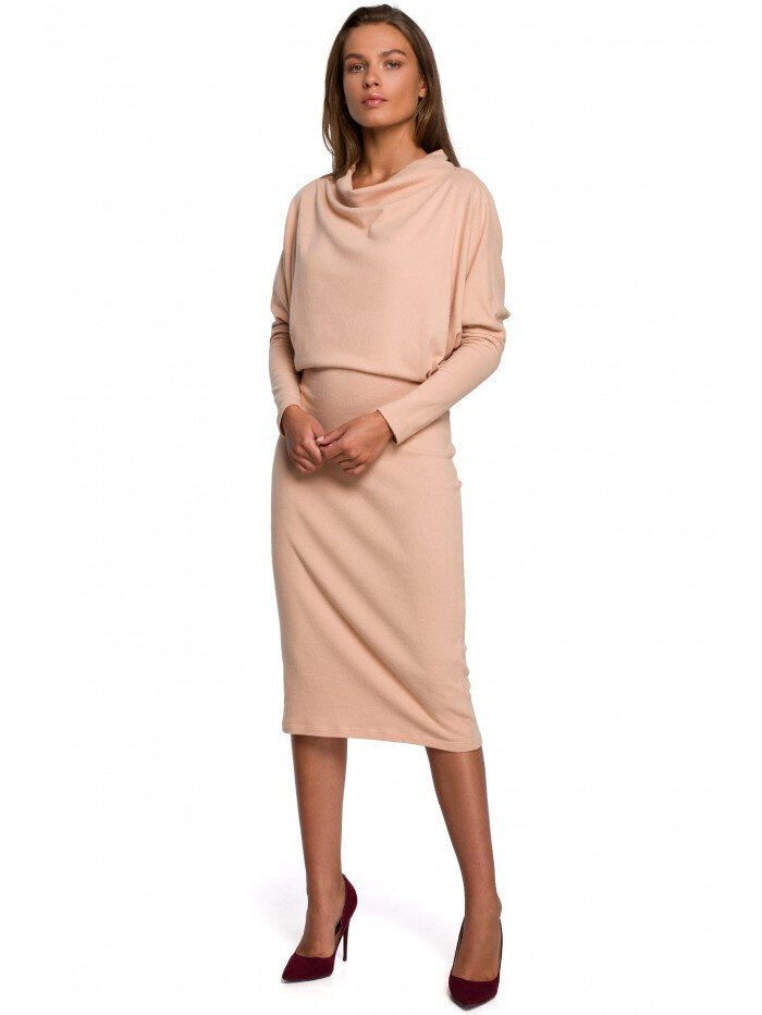 Dámské 3930 Pletené šaty s přeloženým výstřihem - béžové Style, EU L/XL i529_72059819368158220