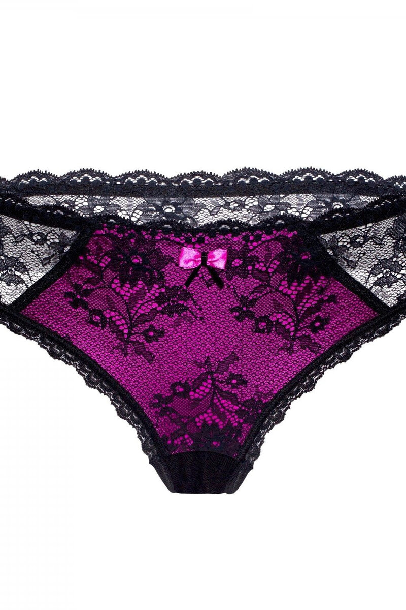 Květinová krajka - Černé dámské tanga s fialovou mašlí, černá M i41_71422_2:černá_3:M_