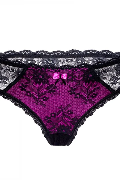 Květinová krajka - Černé dámské tanga s fialovou mašlí